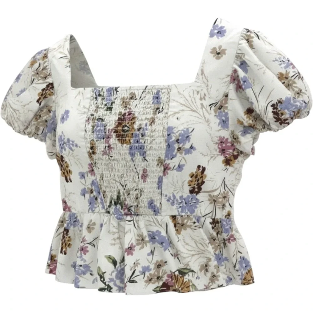 Anthropologie puff sleeve corset style cream floral top size small
